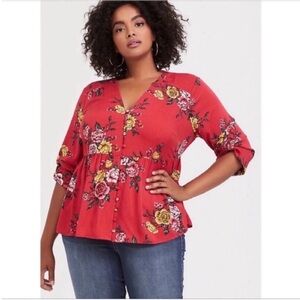 Torrid babydoll shirt dusty red floral challis button front torrid